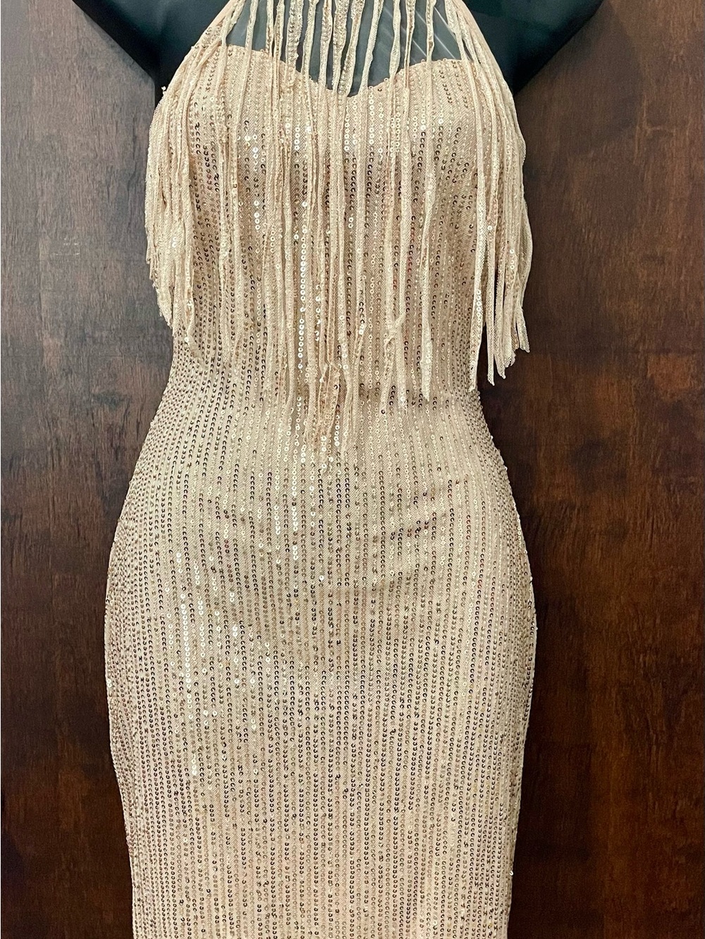 SHEIN Champagne Sequin Fringe Halter Bodycon Dress